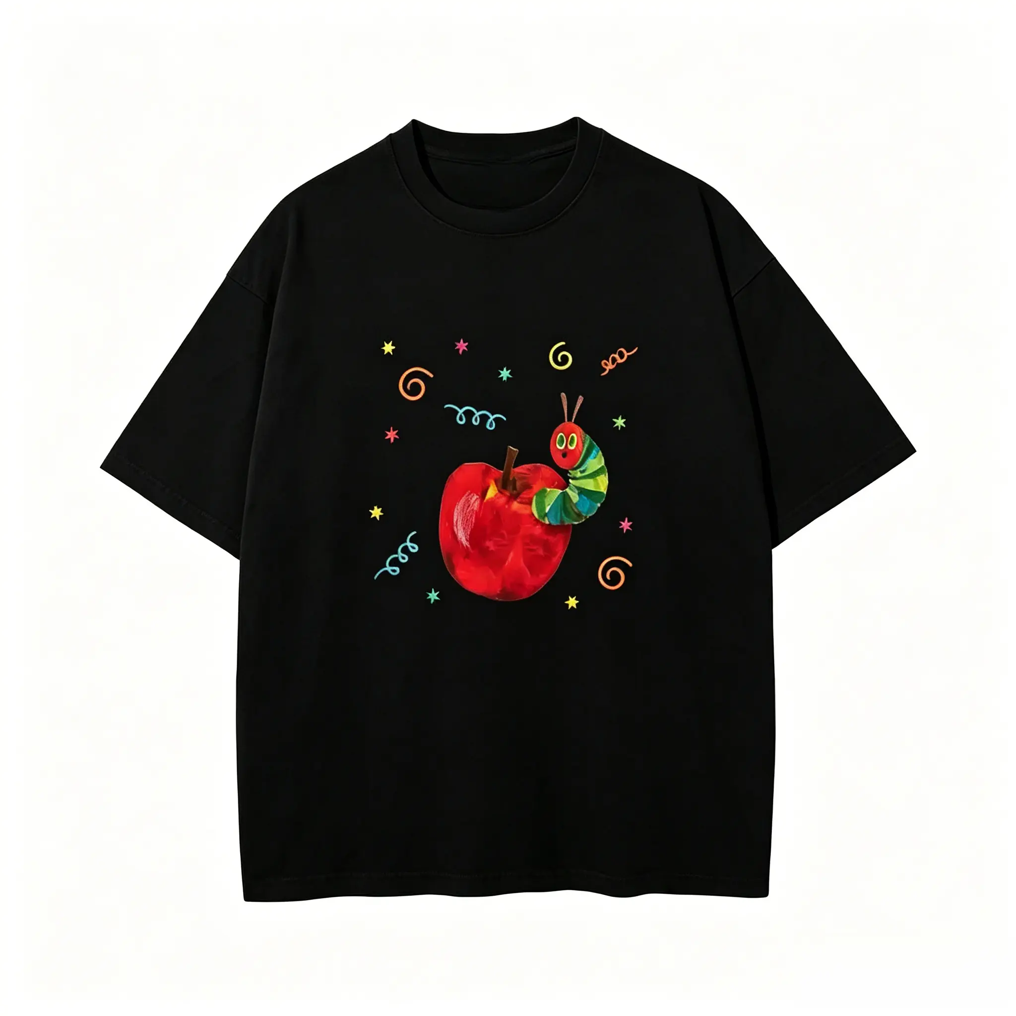 Vintage Washed T-Shirt for Women, Summer Oversized Cotton Graphic Tee, Retro Hungry Caterpillar Apple Print Short Sleeve Top, Aesthetic Acid Wash Distressed Tshirt