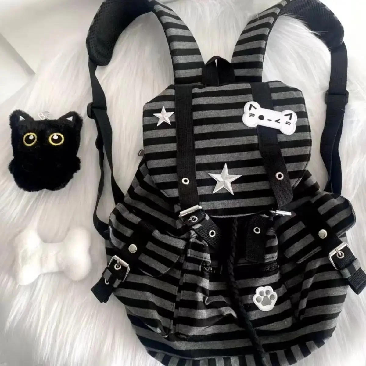 Cute Punk Backpack for School, Water-Resistant Bag with Cat Paw Print & Colorblock Stripes, Large-Capacity for College & Travel, Backpack For Travel, College Travel Backpack