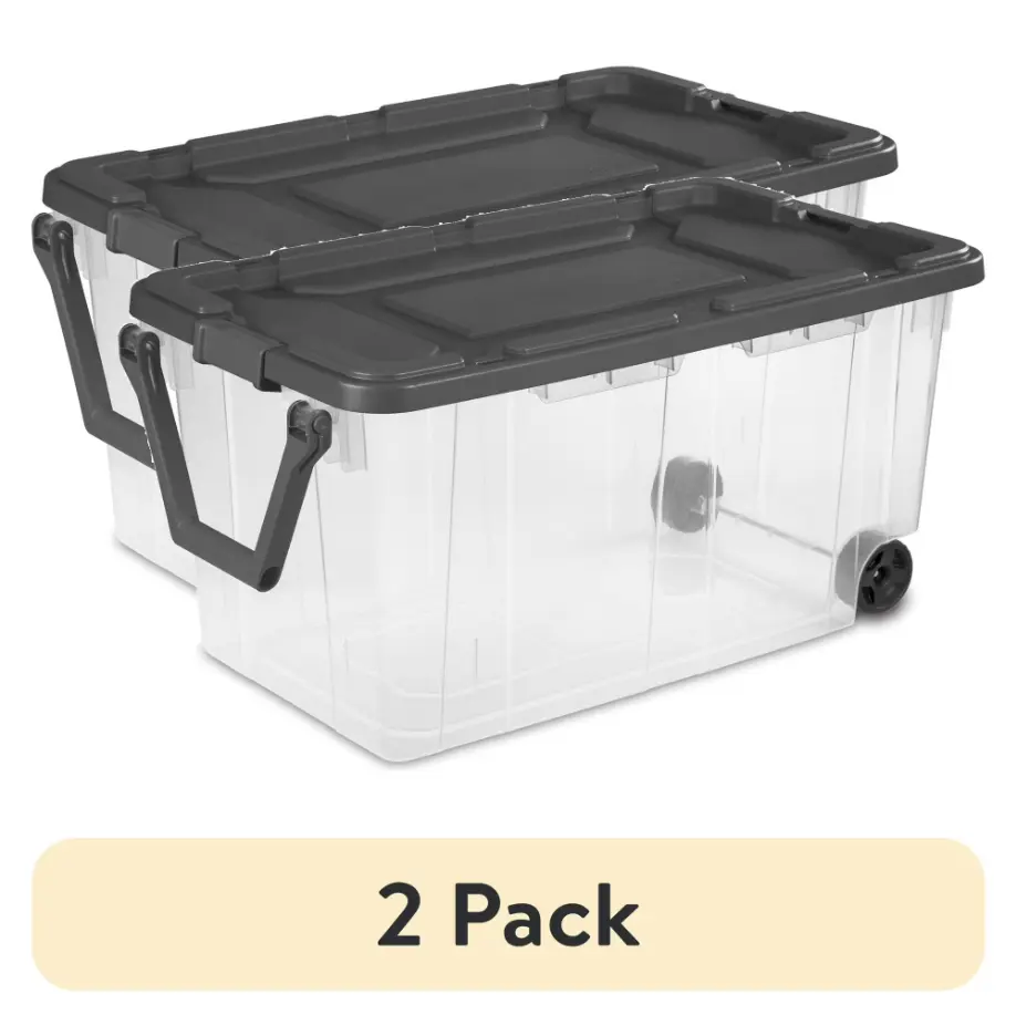 (2 pack) Sterilite 160 Quart Extra-Large Wheeled Storage Bin, Clear Storage Container with Latch Lid and Pull Handle, Durable, Dark Gray