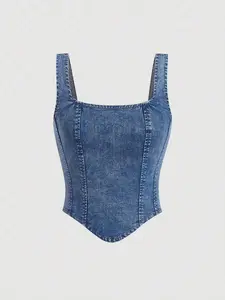 Women's Casual Denim Tank Top, Medium Wash Slim Fit Sleeveless Top with Square Neck and High Stretch Asymmetrical Hem, Machine Wash