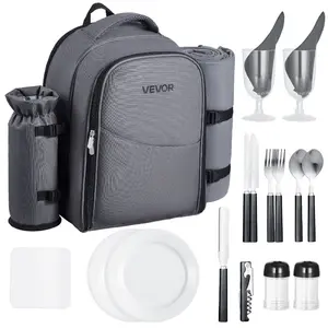 VEVOR Picnic Backpack, Beach Picnic Backpack Bag for 2 Person with Insulated Cooler Compartment, Detachable Bottle/Wine Holder, Lightweight Blanket, Plates and Cutlery Set for Hiking, Camping, Grey