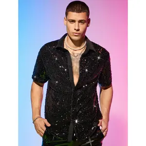 Sequin Color Block Short Sleeve Collared Neck Button Down Shirt Party Club Tops
