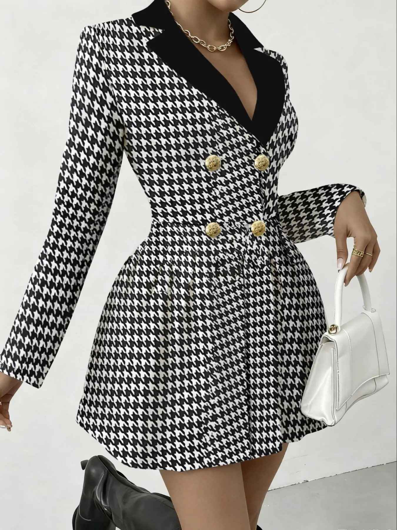 Women's Fashionable Elegant Dress, Plaid Print Button Slimming Lapel, Cross Neck Waist Cinching, Apple, Versatile Style