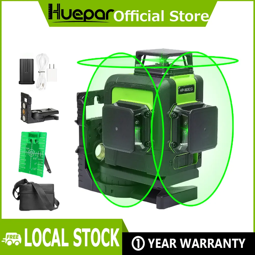 Huepar 903CG 12-Line 3D Laser Level Tool, 360° H+V Green Beam, 4X Brighter, Self-Leveling, Magnetic Mount, Complete Kit for Ceiling & Tiling, Laser Level Tripod
