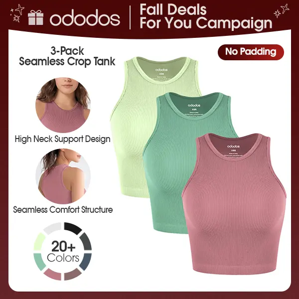 ODODOS Women's 3-Pack Basic Seamless Casual Chic Sleeveless Cropped Tank Tops - No Padding, Ribbed Soft High Neck, Slim-Fit Plain Nylon Spandex Fabric Tops