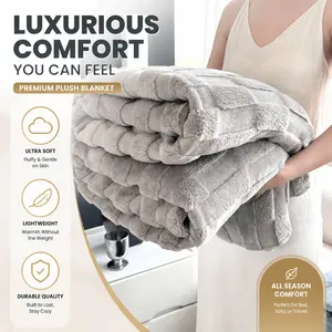 Soft Plush Bed Blanket, Long Striped Jacquard Design, Warm Nap Throw, Simple Solid Color, Bedroom & Sofa Use, Travel Camping