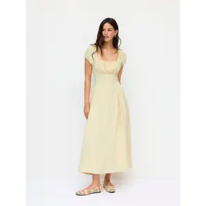 Cider Textured Square Neck Puff Sleeve Ruched Flared Maxi Dress