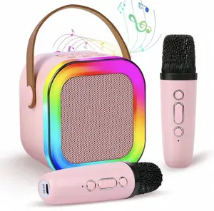 Mini Karaoke Machine with 2 Wireless Microphones, Portable Bluetooth Speaker, Colorful LED Lights Ideal for Kids and Adults, Birthday Gift Audio