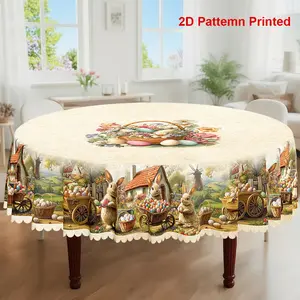 1pc, Easter Themed Party Tablecloth, Spring Summer Rabbit Colored Eggs Floral Country Style Printed Design, Rectangular/Round/Oval Table Cloth, Embossed Edge, Kitchen Dining Outdoor Picnics Dinner Decor Ideal