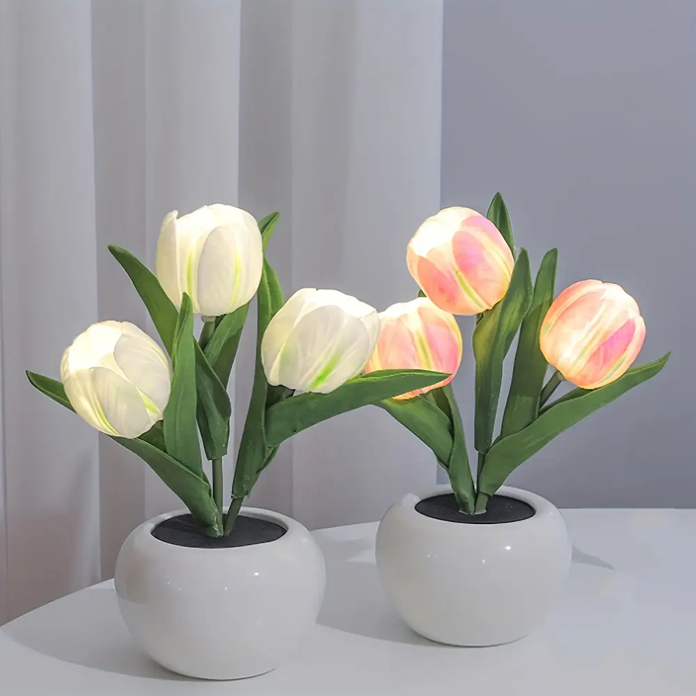 LED Dimmable Plastic Tulip Artificial Flower Desk Lamp with Vase - Unisex Indoor Mood Lighting, Home Living Room Decor, Birthday Party Centerpieces, Cool Lights, Interior Led Lights