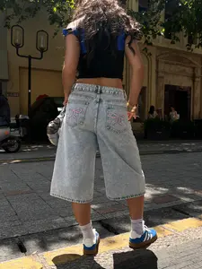 Loose-Fitting Denim Pockets with Bow Embroidery, Y2K Retro Wide-Leg Shorts for Summer, Stylish and Flattering Casual Pants