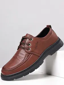 Men's Thick Sole Lace-Up Business Shoes, Casual PU Leather, Rubber Sole, Anti-Slip, Durable, Plain Pattern, Less Than Ankle Height