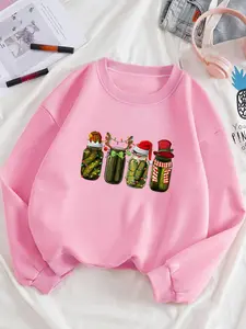 Women's Pickle Jar Print Drop Shoulder Sweatshirt, Casual Long Sleeve Round Neck Pullover for Daily Wear, Ladies Spring & Fall Clothes