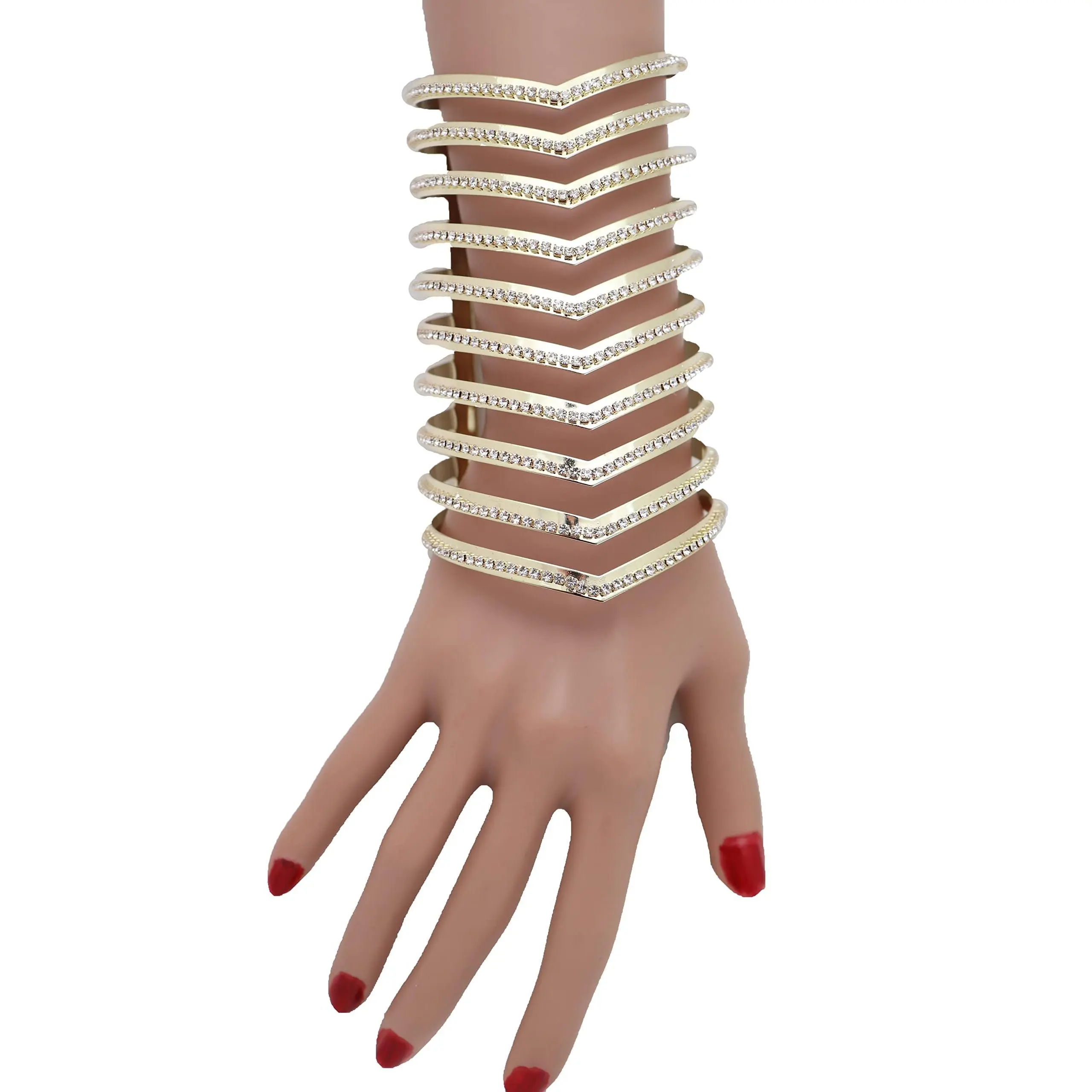Women Fashion Jewelry Wrist Long Cuff Bracelet Wedding Style Gold Color Chevron