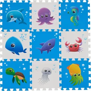 Children's Baby Foam Puzzle Play Mat 34×34 Inches Sea World 9 Pieces Foam Floor Tiles Edge Tooth A