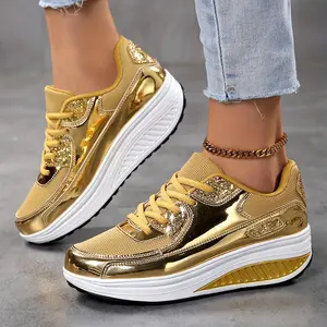 Ladies Shiny Reflective Low Top Sneakers, Casual Lace-Up Walking Shoes, Sequin Trim, Light EVA Sole, Breathable Cloth Lining and Insole, Four Seasons Comfort Footwear