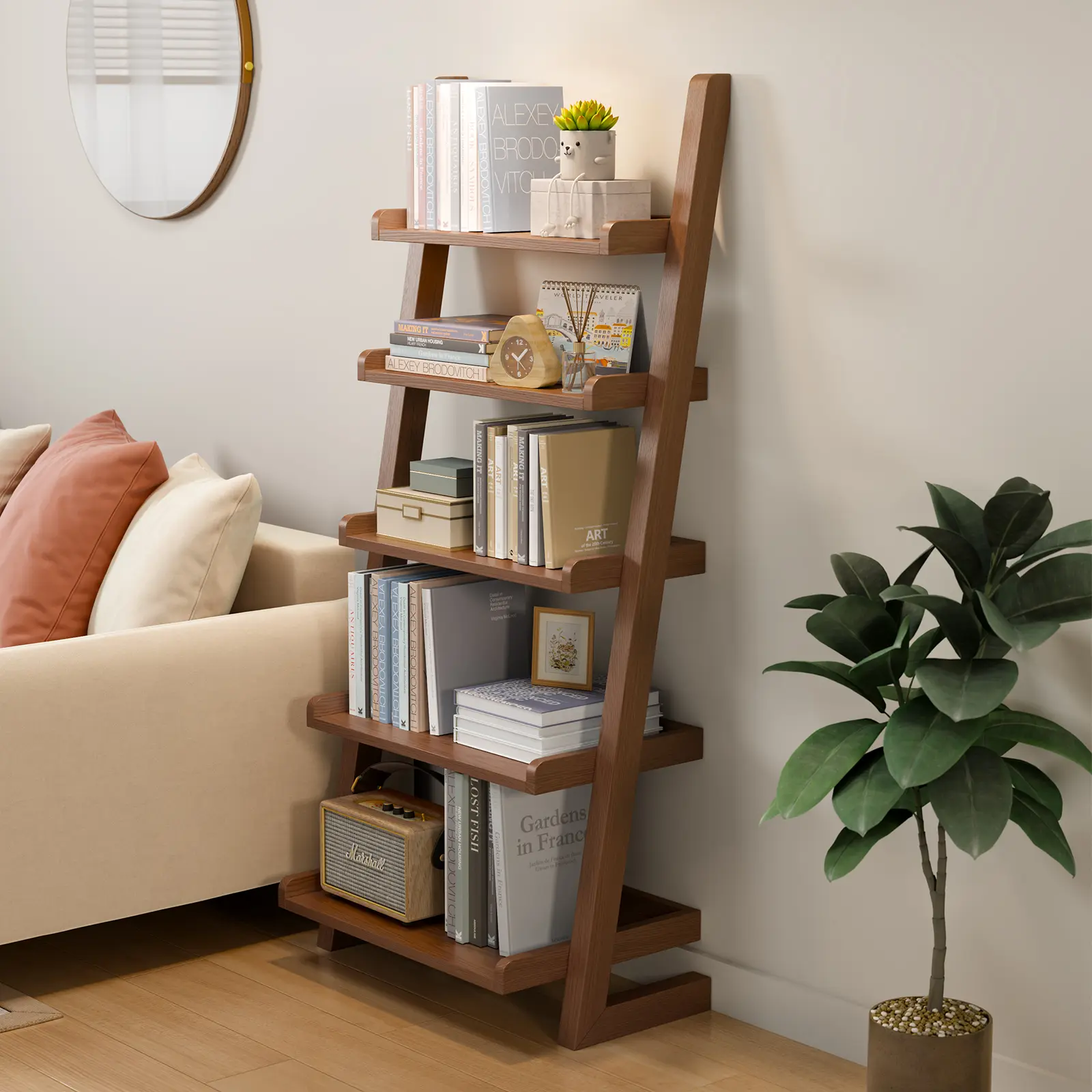 5-Tier Wooden Leaning Ladder Shelf Bookcase with Stable Structure - Indoor Furniture Racks for Book Organization, Living Room, Home Office, 55.1" H
