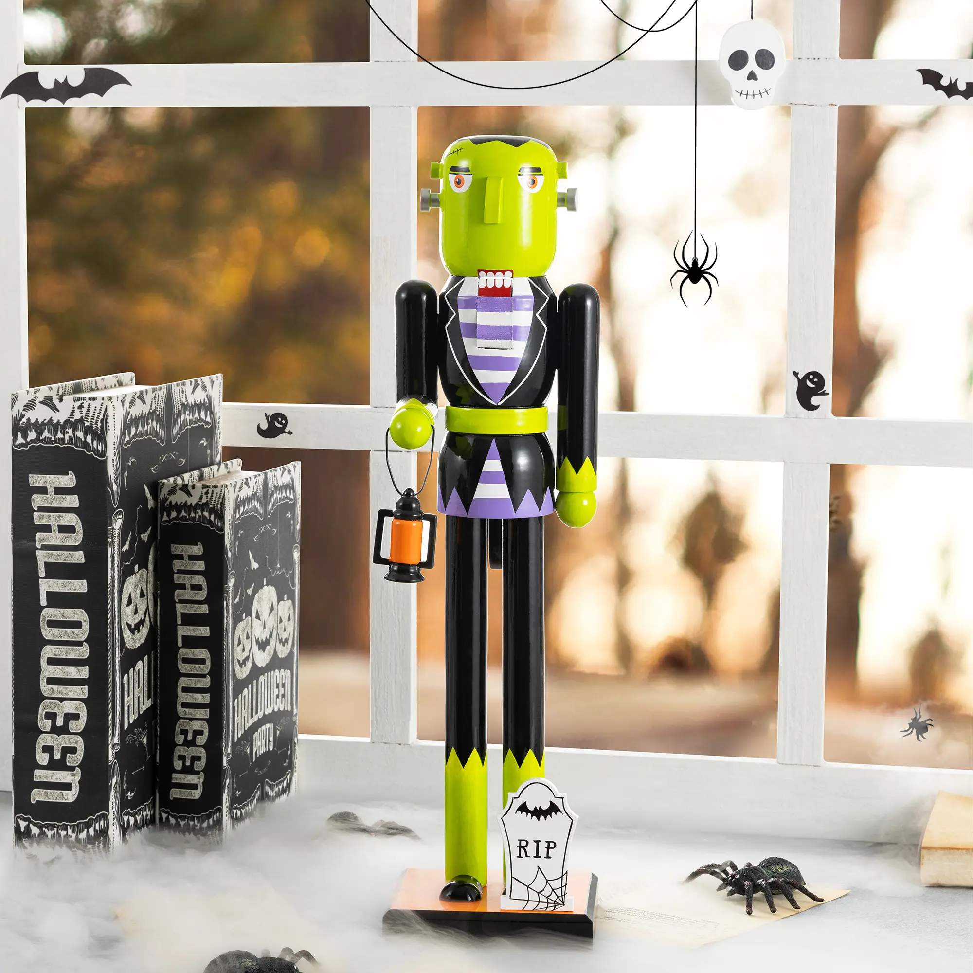Glitzhome 18"H Spooky Traditional Wooden Frankenstein Nutcracker with Ornament, Festive Home Decor for Christmas Tree