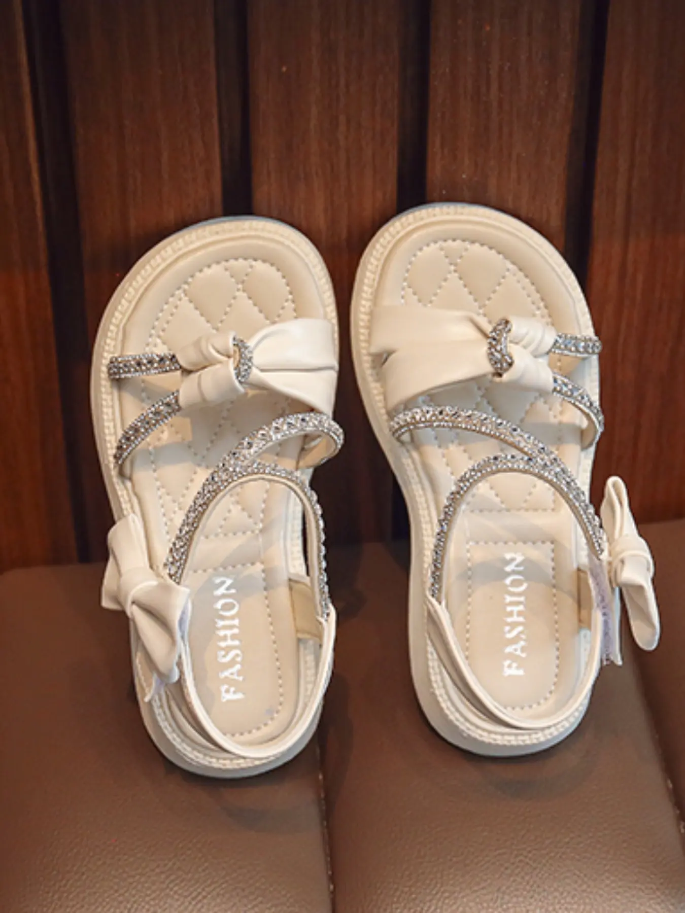 Girls' Rhinestone Bow Thick Sole Sandals, Sweet Princess Style, Non-Slip Soft Bottom, Velcro Closure, Summer School/party/casual Shoes