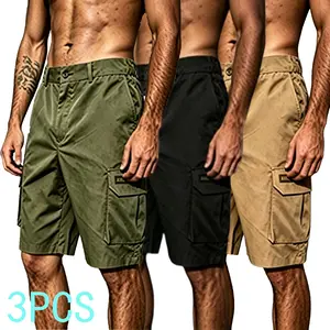 Men’s shorts three-piece set (khaki/black/army green)— slanted inset pockets— single rear side pocket— versatile casual wear— suitable for everyday use; summer shorts, summer cargo shorts are ideal choices for daily outings and vacations; multi-pocket cas