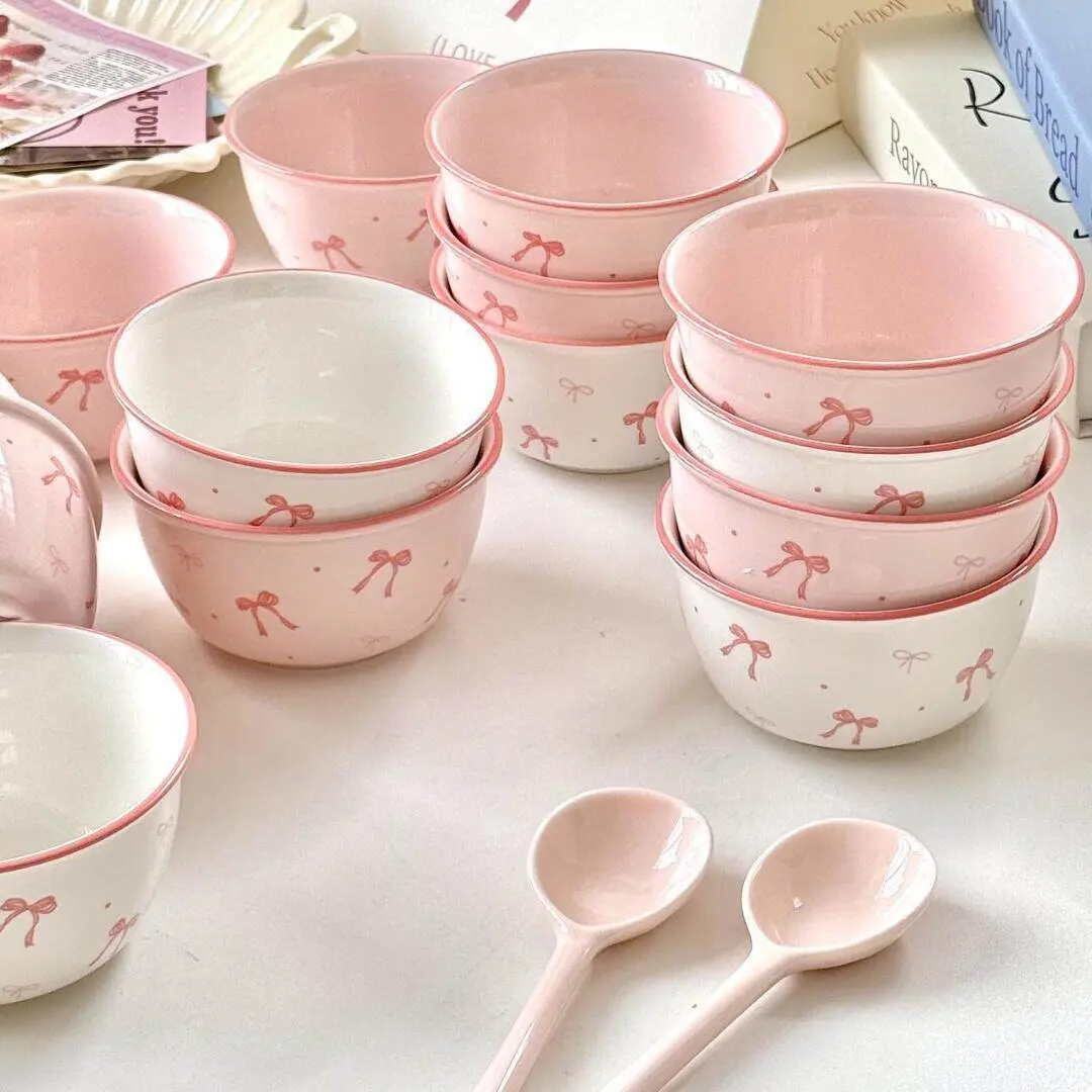 8pcs Bowknot Ceramic Bowl Set, Tableware, Includes 4 Bowls and 4 Spoons, Dishwasher Safe, Perfect for Cereal, Soup, Salad, Breakfast, Yogurt, Dessert, Ice Cream, Ceramic Dinnerware Set