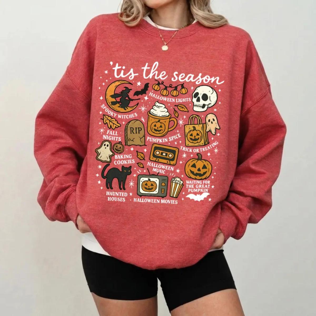 Tis The Season Halloween Sweatshirt, Cute Pumpkin Witch Crewneck, Retro Spooky Season Pullover, Vintage Fall Graphic Sweatshirt, Cozy Halloween Gift for Women & Unisex