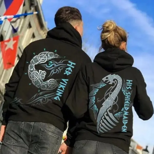 Viking Couple Hoodie Her Viking His Shieldmaiden Graphic Hoodie Casual Streetwear Fleece Fabric Pullover Hooded Sweatshirt Trendy Halloween Tops Collection for Women for Men, Perfect Gift