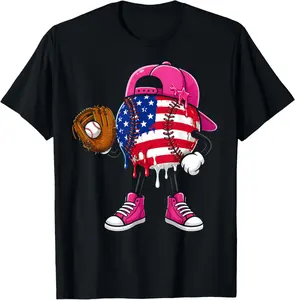 Baseball Ice Cream Drip Catcher American Flag 4th of July T-Shirt  Cotton Shirt