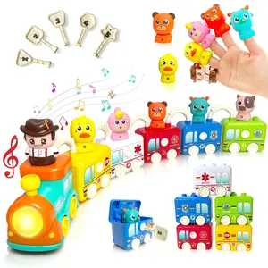IHUESHO 7-in-1 Montessori Farm Train Toy for Toddlers 1-3, Musical Matching & Sorting Learning Toy with Finger Puppets, Locks & Keys, Color & Number Recognition