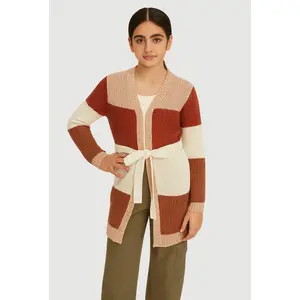 Girls Color Block Cardigan with Tie Waist Belt