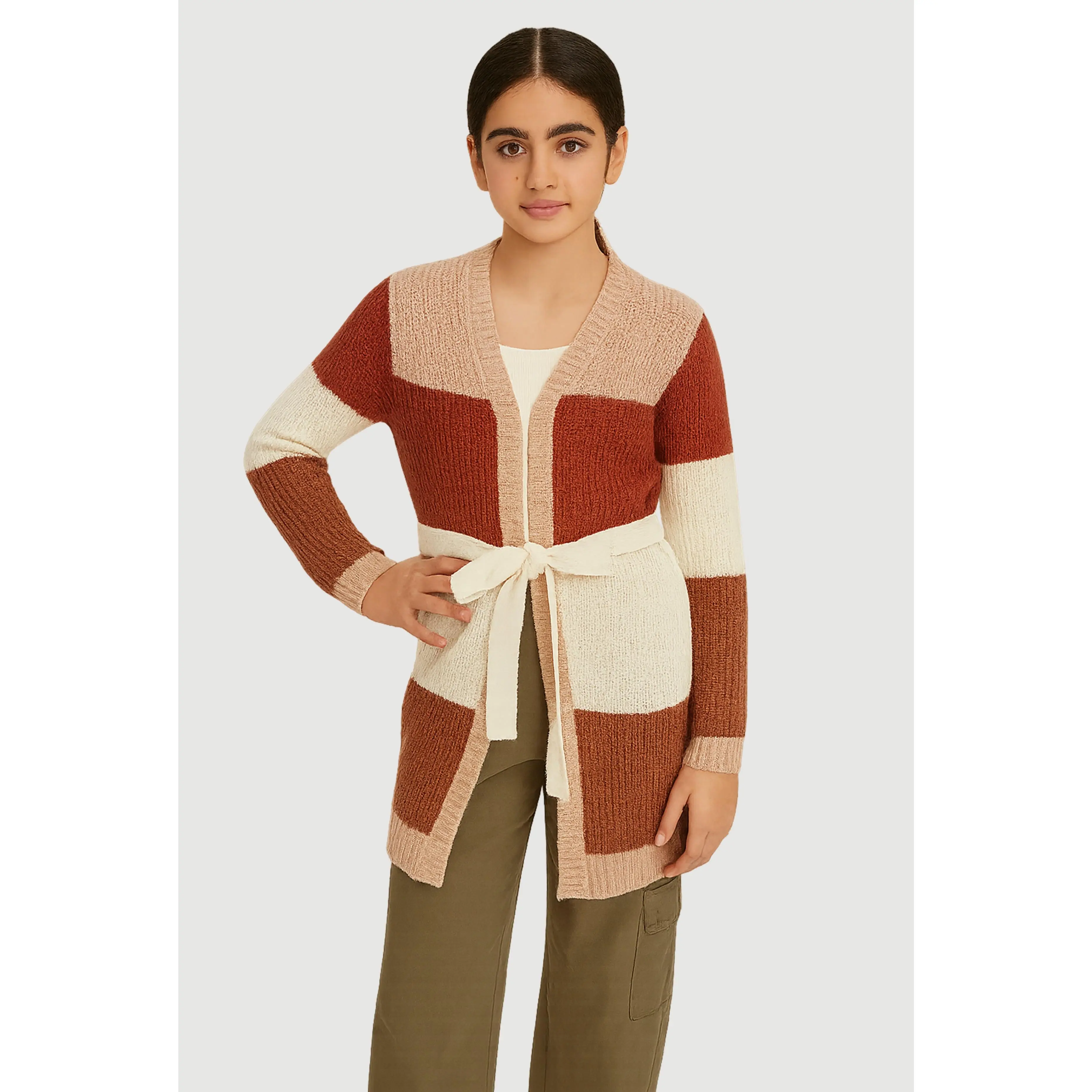 Girls Color Block Cardigan with Tie Waist Belt