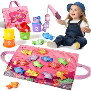 Toys for 1 Year Old - 20PCS Cloth Toddler Pink Fishing Game with Stacking Cups,Baby Color Sorting Toy 12-18 Months One Year Old Birthday Gift,Best Easter Gifts for 1-3 Year Olds
