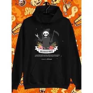 Men'S & Women'S Gothic Halloween Hooded Sweatshirt - Spooky Skeleton & Scythe Print with Bats & Haunted House Design, Loose Fit Long Sleeve for Fall Winter, Casual Outfits & Costume Parties, Unisex Adult Sweater (Ideal Gift) - Black Hoodie