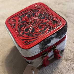 Cowhide Travel Jewelry Box | red Western Tooled Jewelry Case
