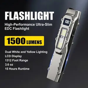 SKYWOLFEYE Ultra-Slim EDC Flashlight 1500 Lumens, USB-C Rechargeable Pocket Light with Dual Clip, UV/Red Side Lights, Smart LCD Display