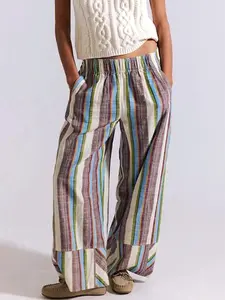 New Summer Autumn Colorful Striped Linen Wide Leg Pants, Elastic Waist Patchwork Loose Slimming Vacation Style Casual Long Pants for Women