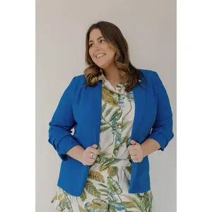 Women's Chic Solid Chiffon Collared Blazer Blouse - Plus Size Polyester Ruched Sleeve Longline Feminine Fit Top, Soft Lightweight Drape Fabric, for Matching Trousers, Skirts