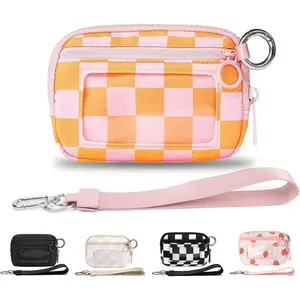The Iris Wallet for Women,Mini Pouch Wristlet with Zipper Card Case ID Window,  Nylon  Wallet (Orange Checkered)