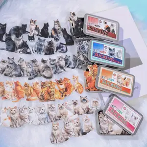 4 models, each with 100 cat-themed boxed stickers made of Kraft paper material, in a retro style, used in classrooms as educational supplies, for DIY decorative scrapbook material, sticker box.