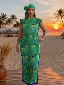 Women's Fashion Peacock Feather Print Robe Set, Hooded Shawl Dress + Long Headscarf Hairband, Beach Sun Protection Satin Scarf