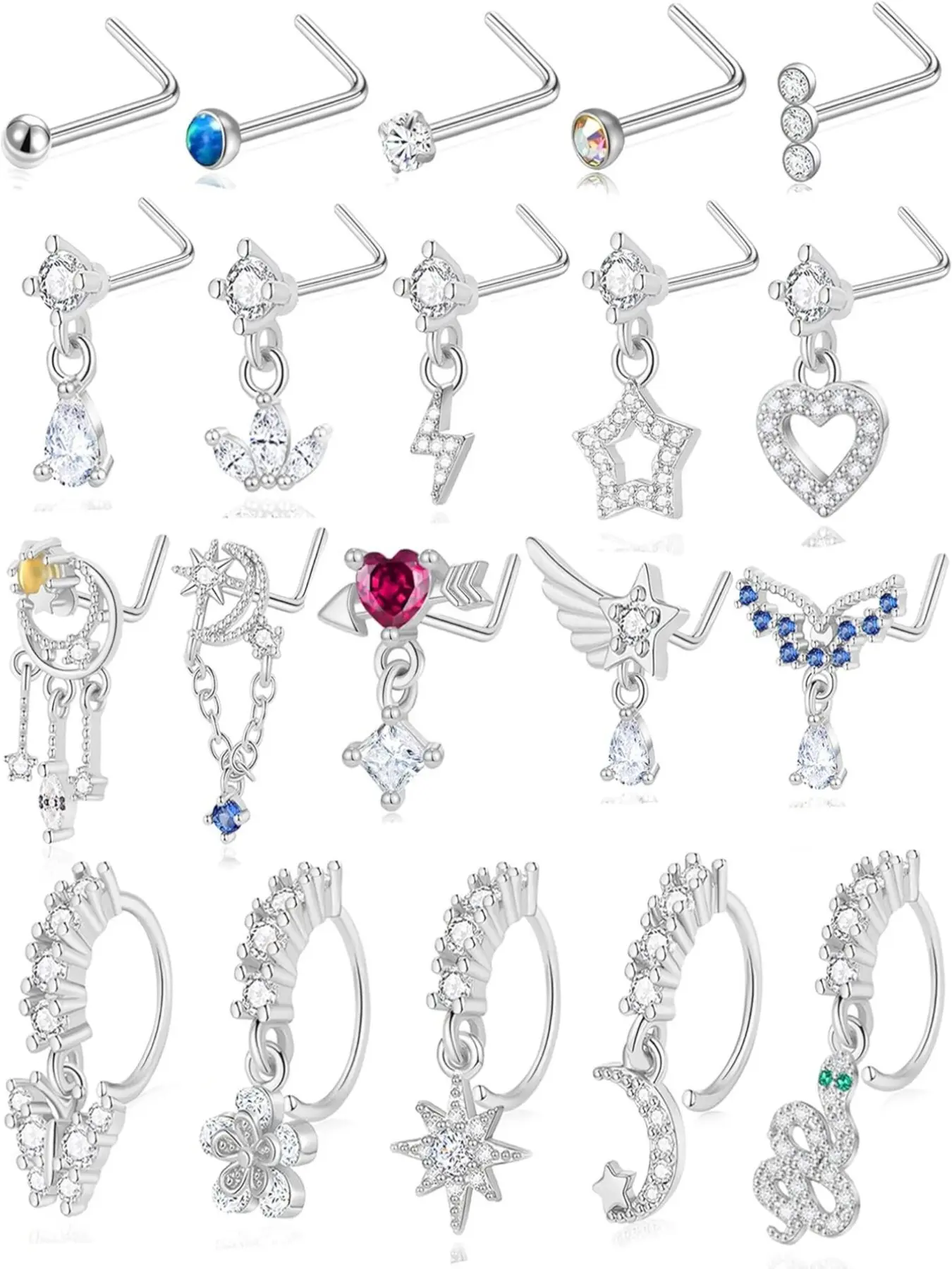 20Pcs 20G Dangle Nose Rings Studs L Shaped Nose Stud Hoops Dangling Stainless Steel Nose Ring CZ Human Made Opal Butterfly Water Drop Flower Indian Nose Piercing Jewelry with Charm for Women Body Jewellery Silver Plated Teardrop Hoop Nose