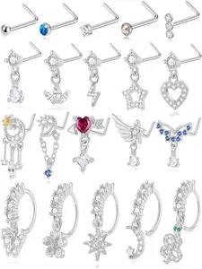 20Pcs 20G Dangle Nose Rings L Shaped Nose Stud Hoops Dangling Stainless Steel Nose Ring CZ Human Made Opal Butterfly Water Drop Flower Indian Nose Piercing Jewelry with Charm for Women Silver Plated