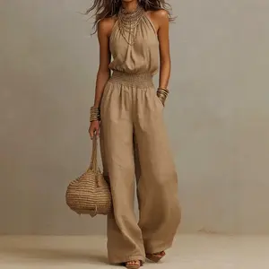 Women's Summer Solid Color Casual Retro Boho Ruffle Sleeveless Top and Pants Two-Piece Set, Comfortable