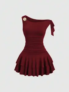 Women's Fashion Formal Elegant Dress with Metal Flower Decoration, Ruched Shoulder Design, Frill Hem, Elegant and Stylish Clothing for All Occasions, Dresses for Party