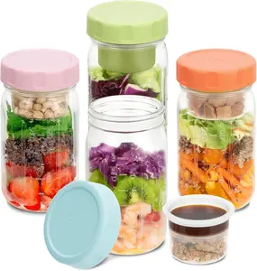 SOLIGT 4 Pack Glass Salad Jars with Lids Meal Prep, Leakproof Container for Lunch, with Wet/Dry Separation Cups, 32oz Mason Jars