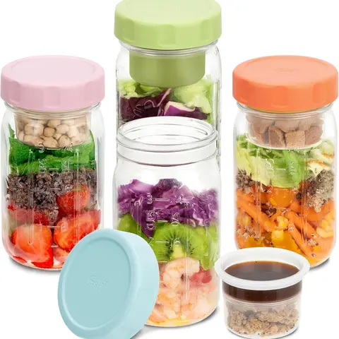 SOLIGT Minimalist 4-Pack 32oz Glass Multi Compartment Containers with Leakproof Lids - Canister, Produce Saver Containers, 3-Layer Salad Keeper, 3-Compartment Jars, Wet-Dry Sep., Shake-Safe Seal for Meal Prep Lunch