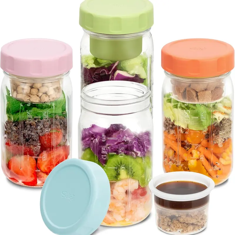 SOLIGT Minimalist 4-Pack 32oz Glass Multi Compartment Containers with Leakproof Lids - Canister, Produce Saver Containers, 3-Layer Salad Keeper, 3-Compartment Jars, Wet-Dry Sep., Shake-Safe Seal for Meal Prep Lunch