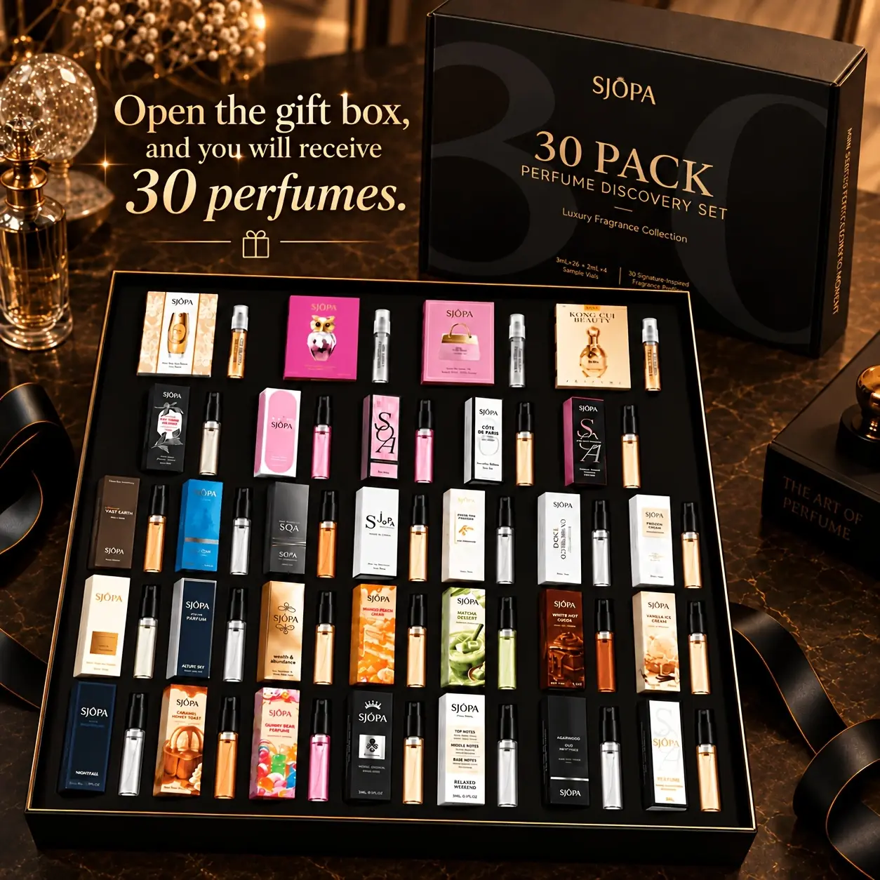 SJOPA 30-Piece Perfume Discovery Gift Set, 26 Mini Fragrance Sprays & 4 Card Perfume Samples, Assorted Scents, Travel Size Perfume Collection, Gift for Women and Men, Birthday & Holiday Gift Women's Fresh Fragrance Set box set different charm