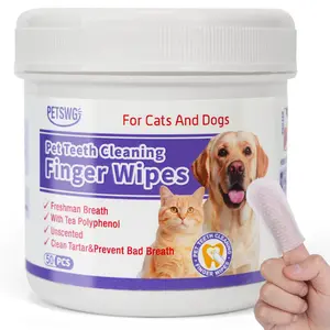 Teeth Cleaning Wipes for Dogs & Cats, Remove Bad Breath by Removing Plaque and Tartar Buildup No-Rinse Dog Finger Toothbrush, Disposable Gentle Cleaning & Gum Care Pet Wipes, 50 Counts