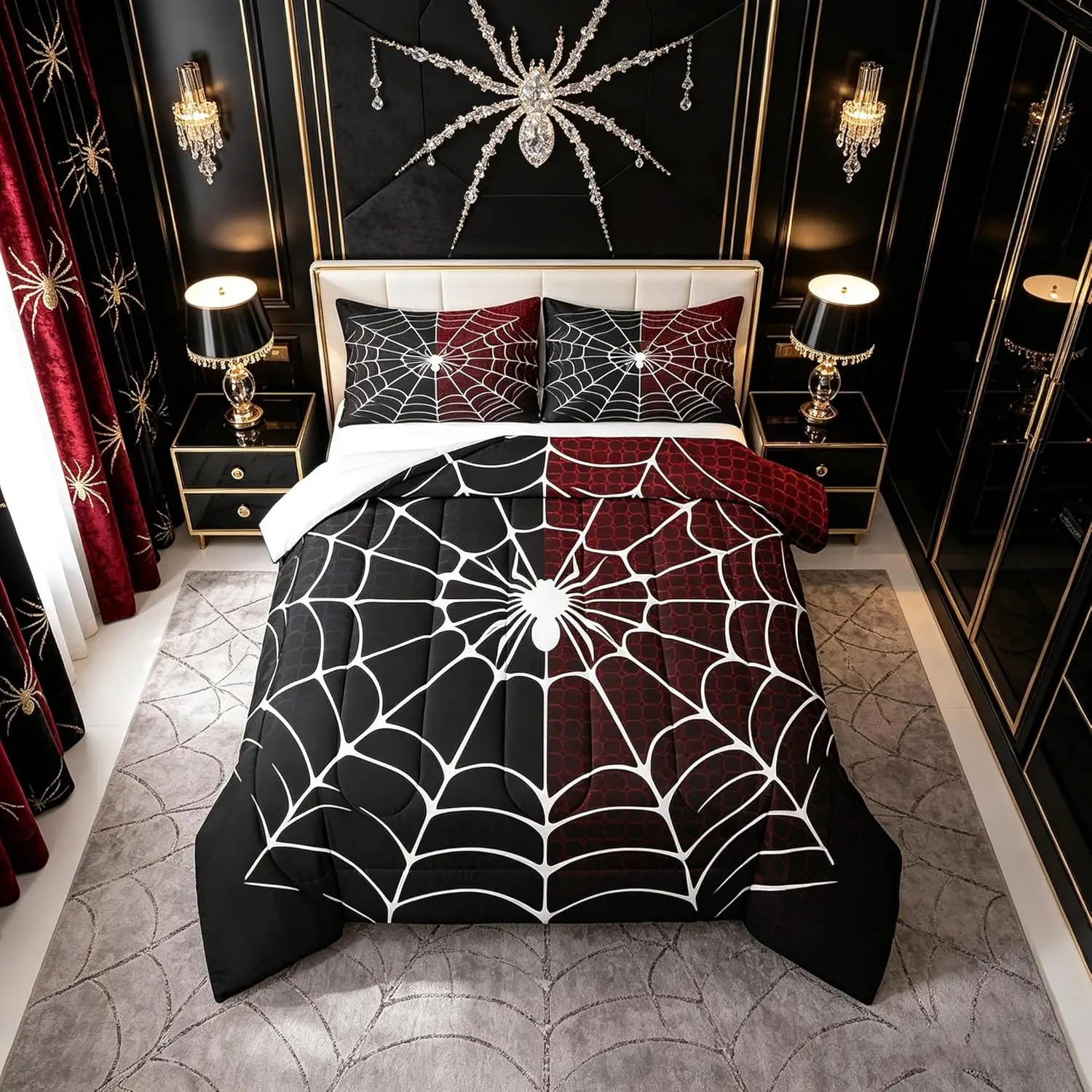 Spider Web Comforter Set,Black and Red Halloween Bedding Set,White Spider Arachnid Insect Animal Down Comforter for All Season,Room Decor,,No Sheets